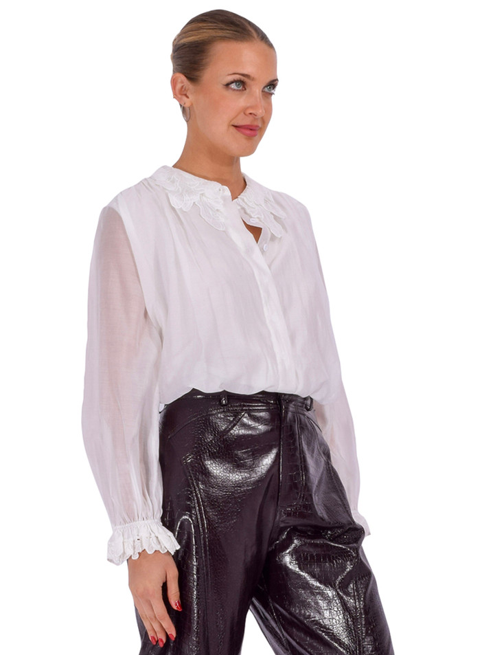 JESSIE LIU Silk Tencel Blouse with Lace Collar in White Side View 