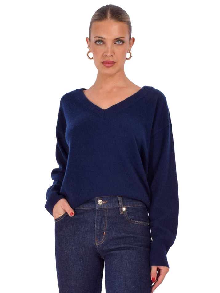 OTTOD'AME Cashmere V-Neck Sweater in Night Front View 