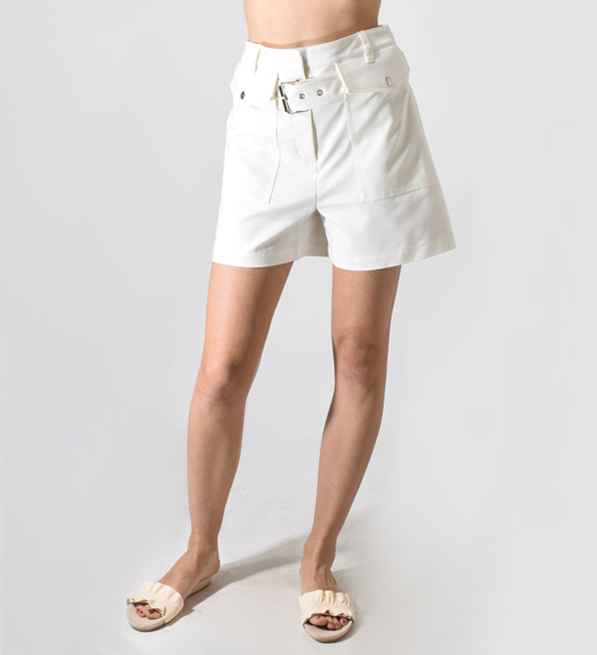 3.1 Phillip Lim Belted Cargo Shorts with Large Flap Pockets in Antique White Close Up Front View 