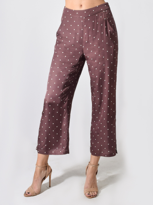 Capulet Teresa Pant in Brown Polka Dot Close Up Front View 