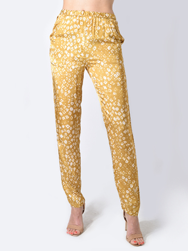 Humanoid Straight Leg Satin Pant in Honey Flower Close Up Front View 