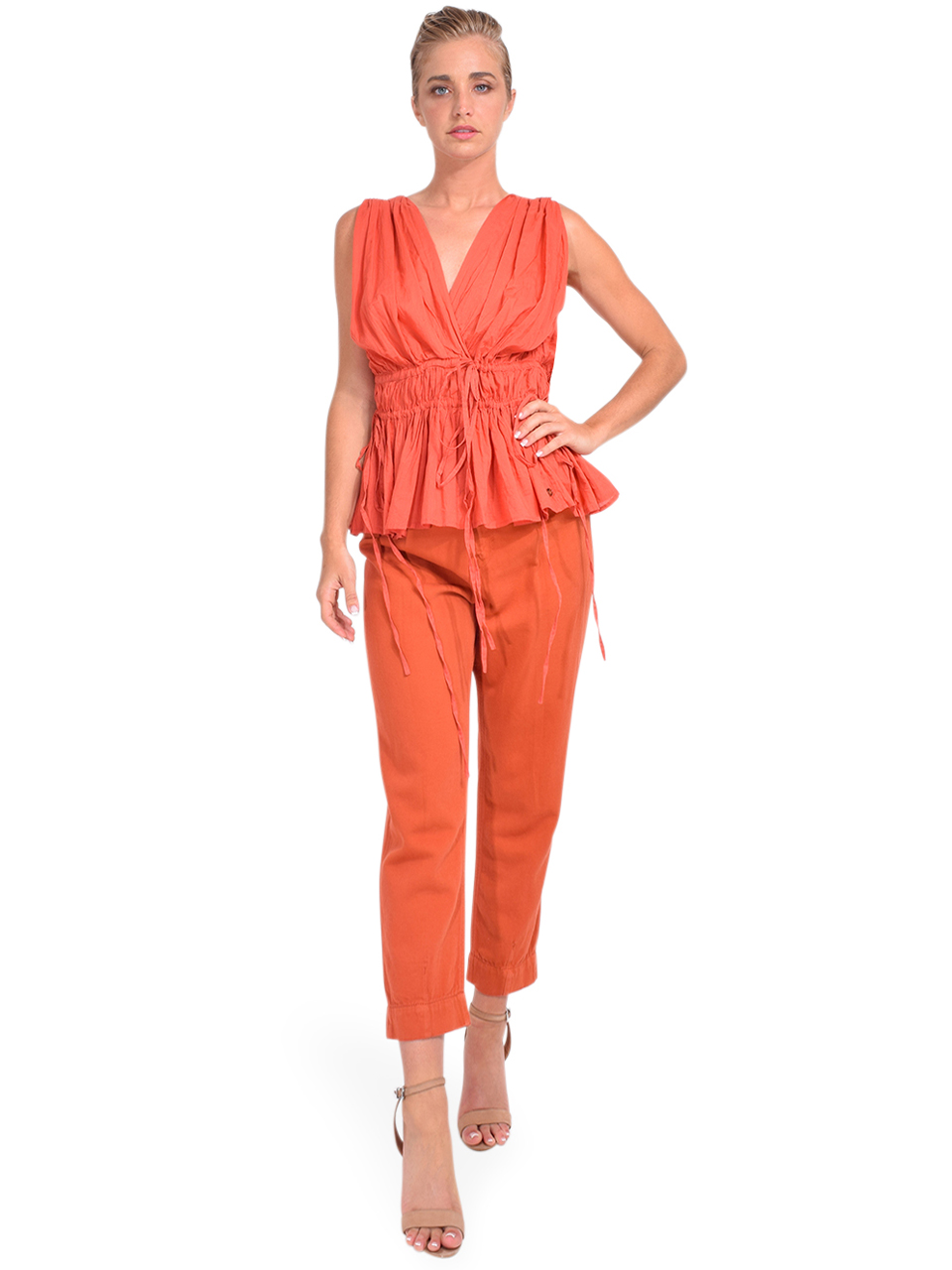 Ottod'Ame Cotton Top with Tucks in Burnt Orange Full Outfit 