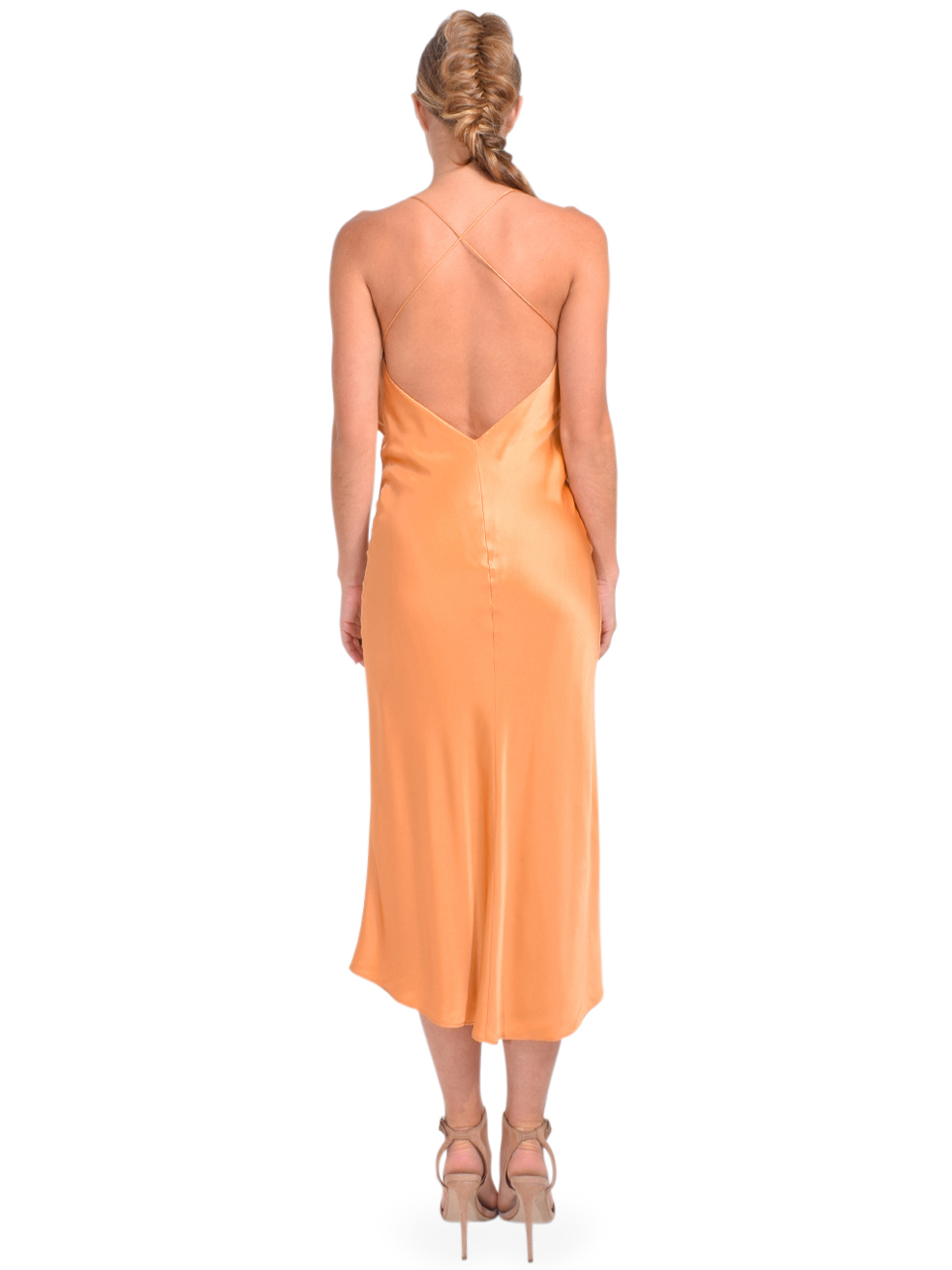Michelle Mason Ruffle Cowl Neck Midi Dress in Apricot Back View 