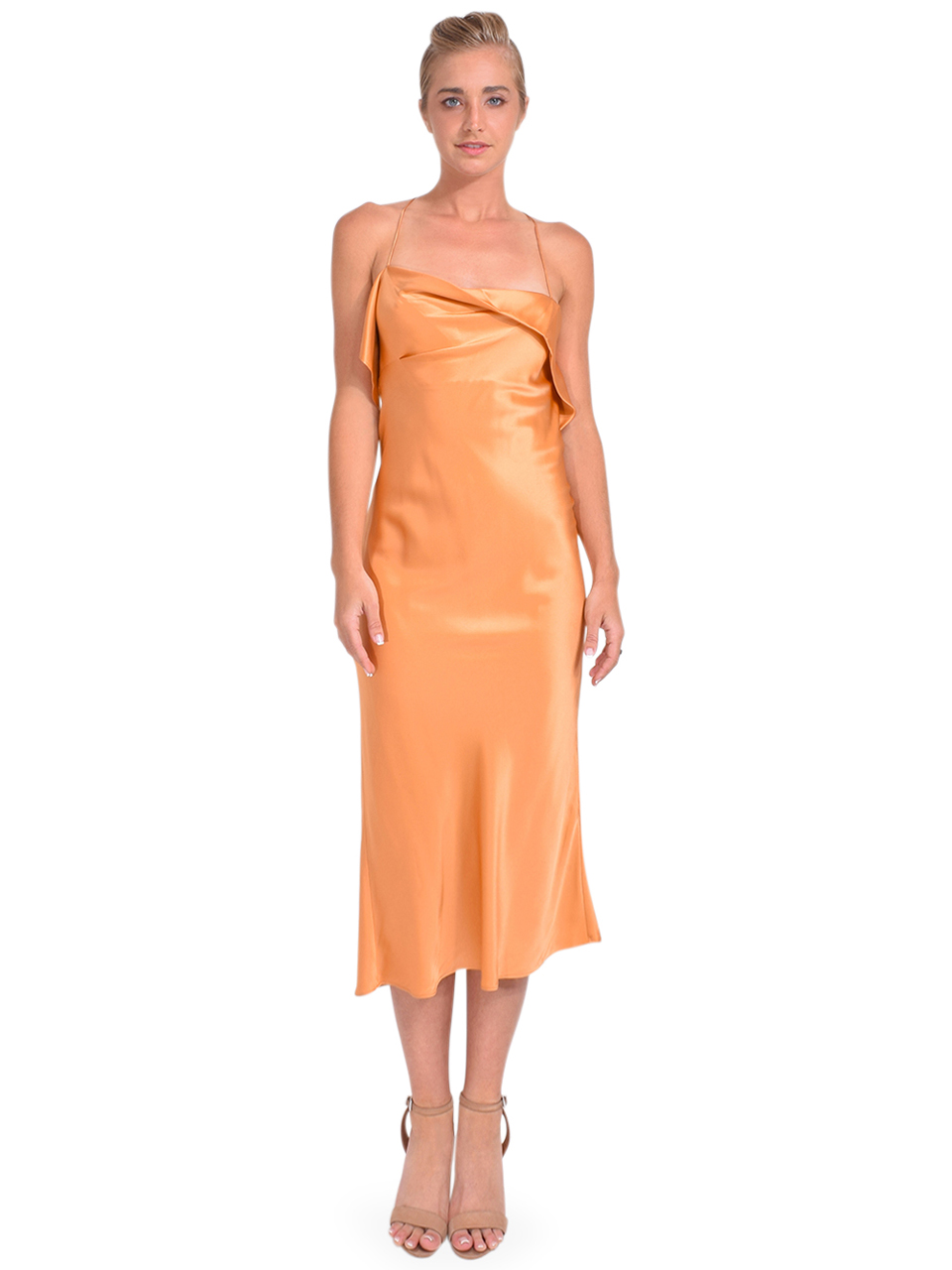 Michelle Mason Ruffle Cowl Neck Midi Dress in Apricot Front View 
x1https://cdn11.bigcommerce.com/s-3wu6n/products/33964/images/113108/DSC_0314__66424.1620594040.244.365.jpg?c=2x2