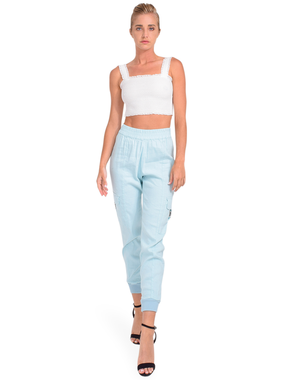 Alice + Olivia Neta High Waist Cargo Pant in Powder Blue Full Outfit 