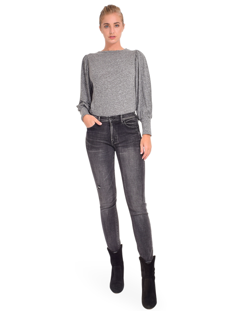 SERRA Mid Rise Skinny Jean in Rockpoint Black Full Outfit 