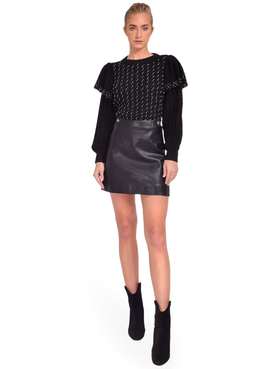 Alice + Olivia Rosi Ruffle Sleeve Sweater in Black Full Outfit 