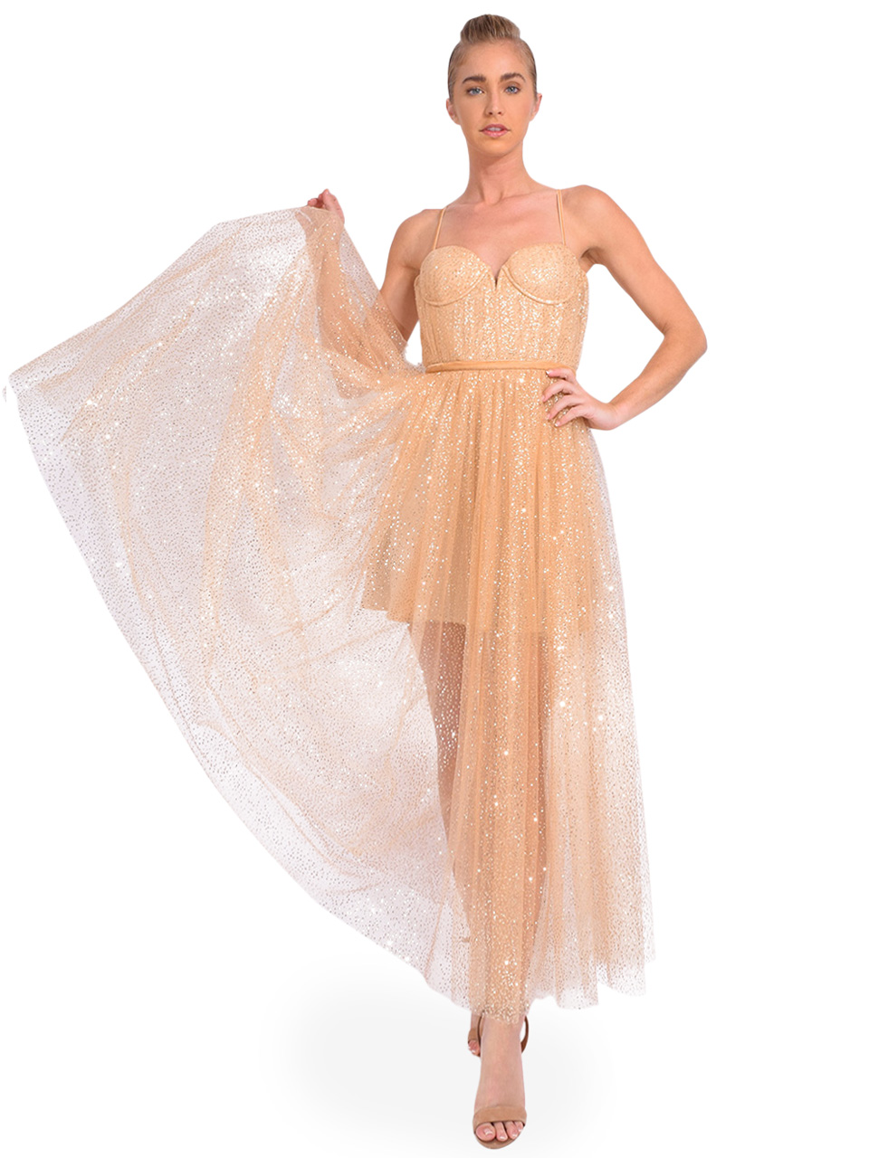 SAU LEE Selena Glitter Tulle Dress in Gold Front View 2