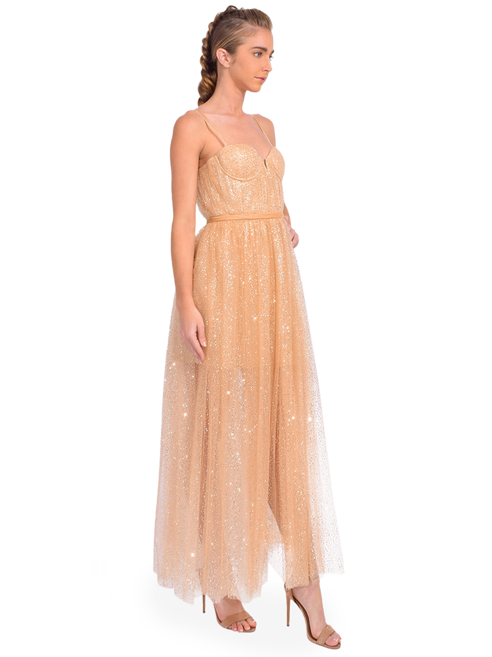 SAU LEE Selena Glitter Tulle Dress in Gold Side View 