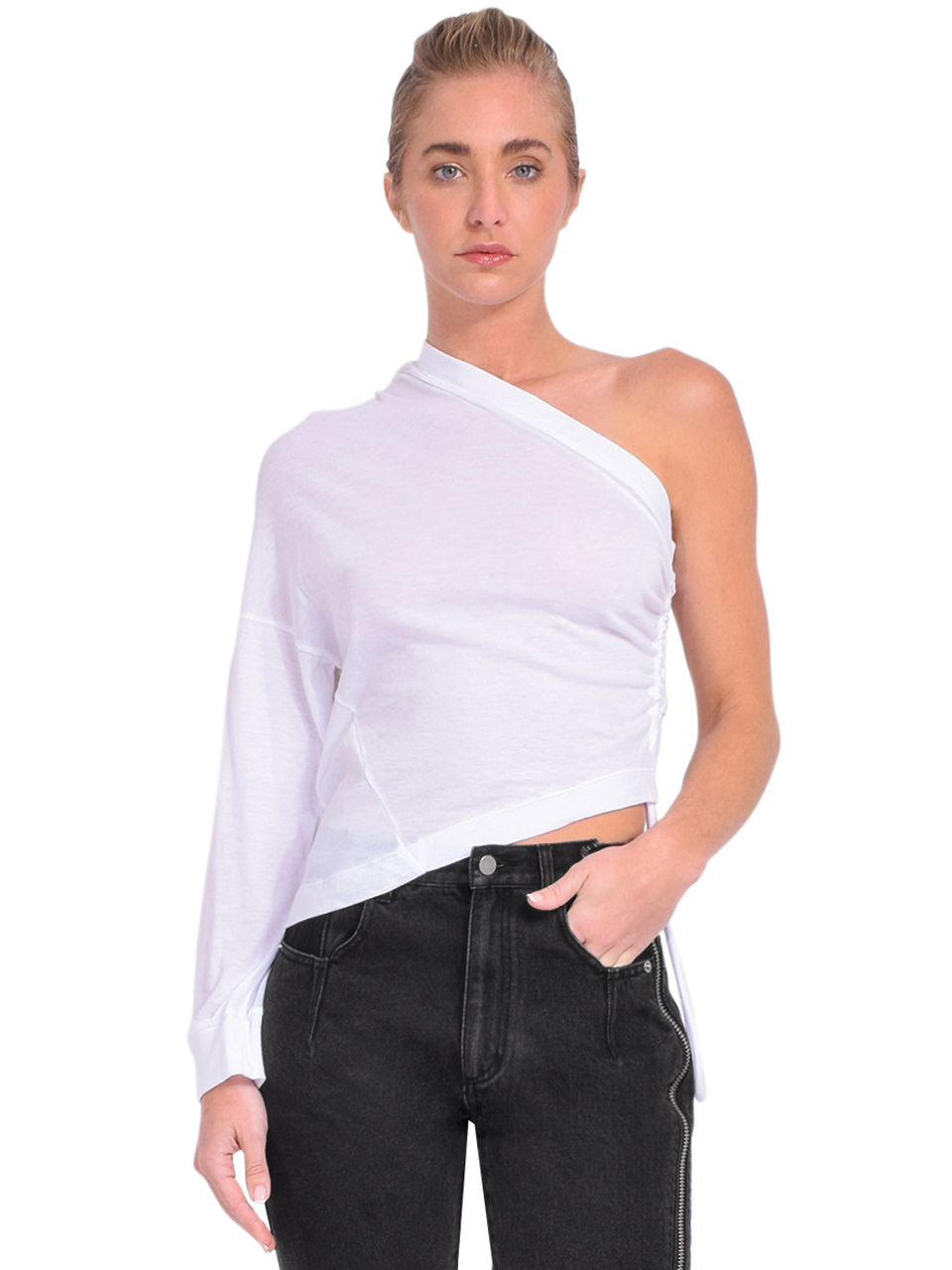 RtA Athena One Shoulder Top in White Front View 