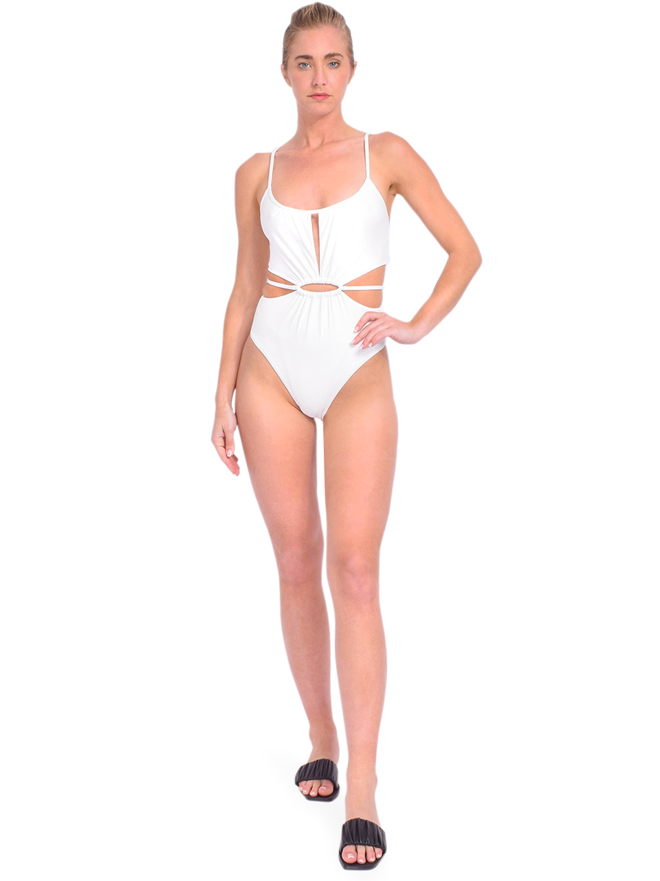 Jonathan Simkhai Genesis Cut Out One-Piece Swimsuit in White Front View 2