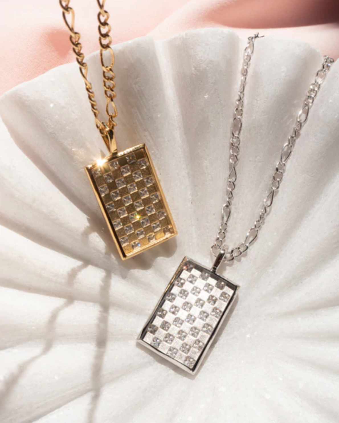 LUV AJ Checkerboard Dog Tag Necklace in Gold Laying Flat

