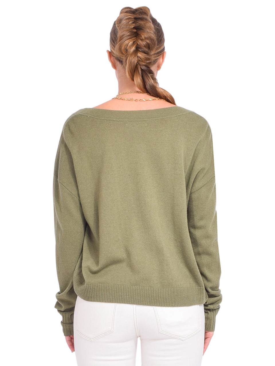 SERRA The Easy V-Neck Sweater in Olive Oil Back View 

