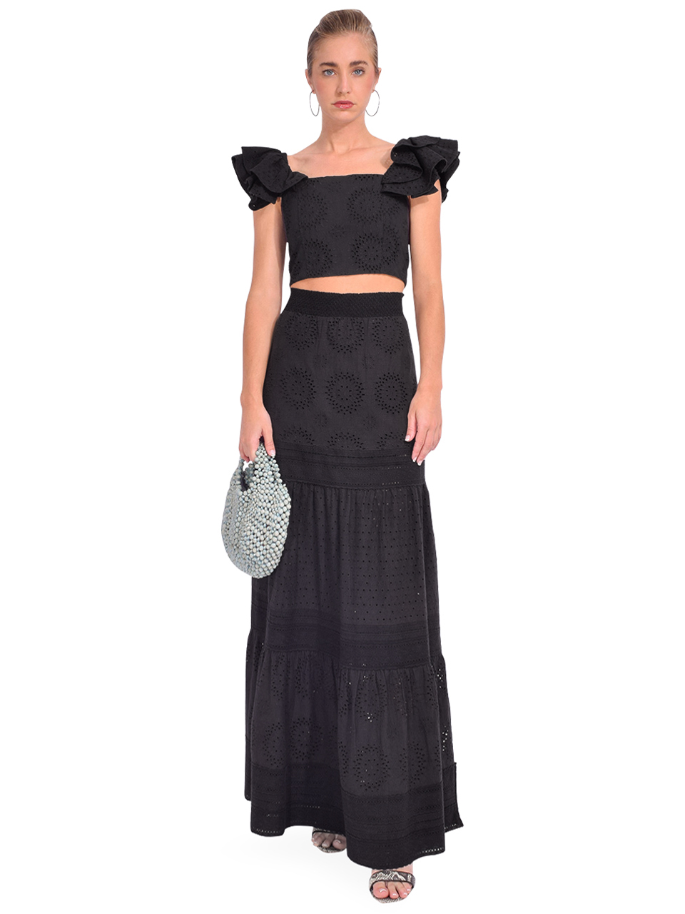 Alice + Olivia Tawny Square Neck Ruffle Crop Top in Black Full Outfit Full Outfit 