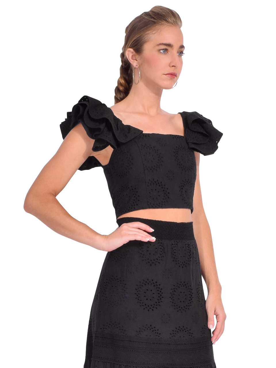Alice + Olivia Tawny Square Neck Ruffle Crop Top in Black