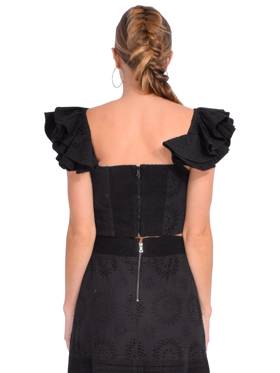 Alice + Olivia Tawny Square Neck Ruffle Crop Top in Black Back View 