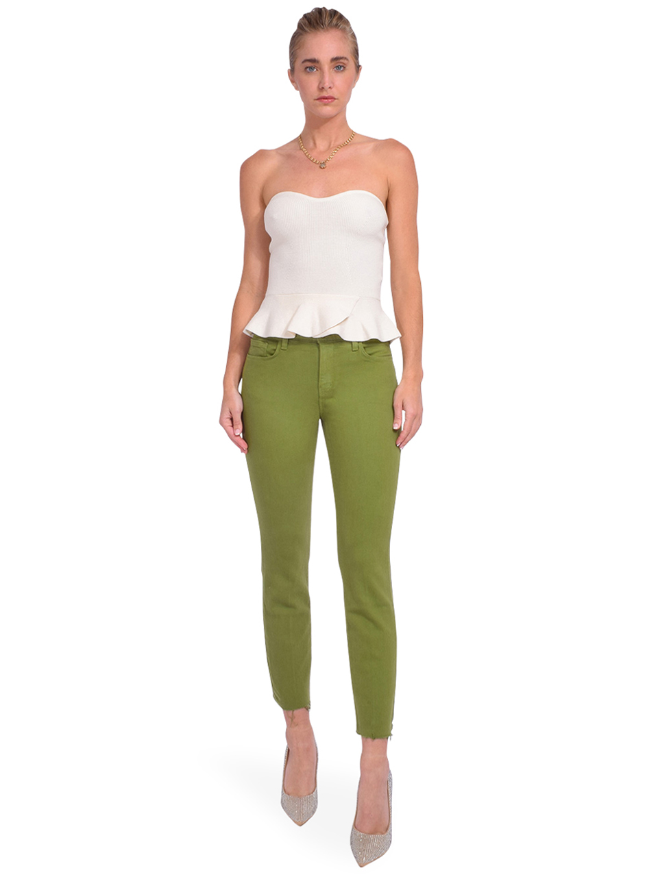 L'Agence Sada High Rise Crop Slim Jean in Cactus Green Full Outfit 