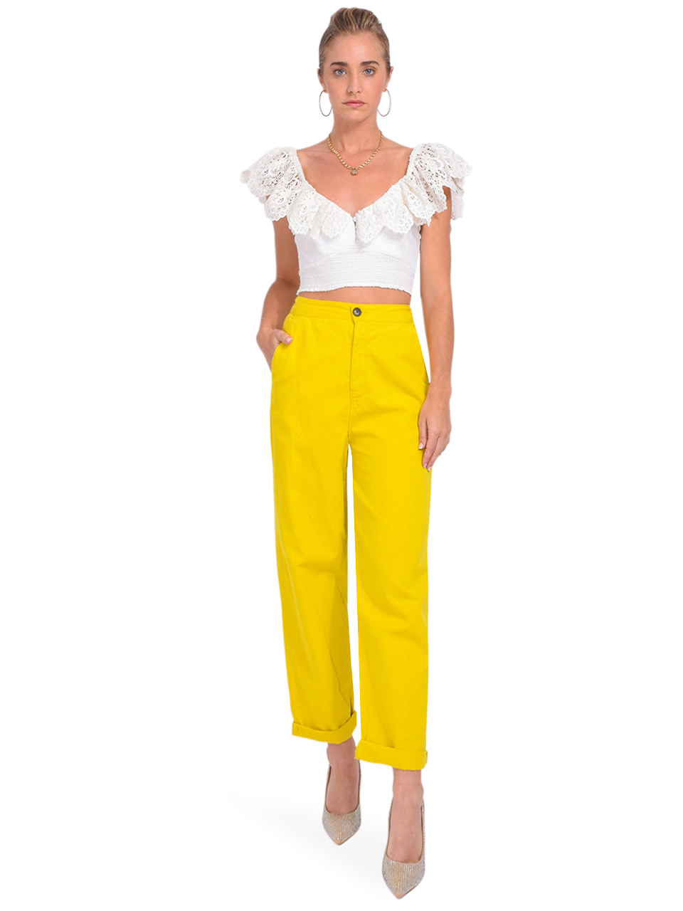 Alice + Olivia Bleeker Embroidered Smock Crop Top in White Full Outfit 