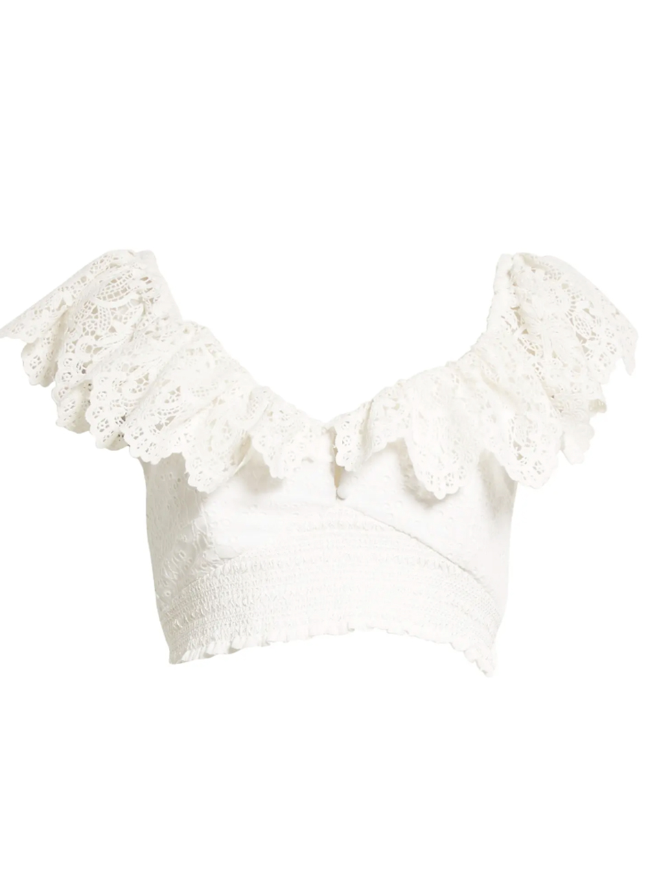 Alice + Olivia Bleeker Embroidered Smock Crop Top in White Product Shot 