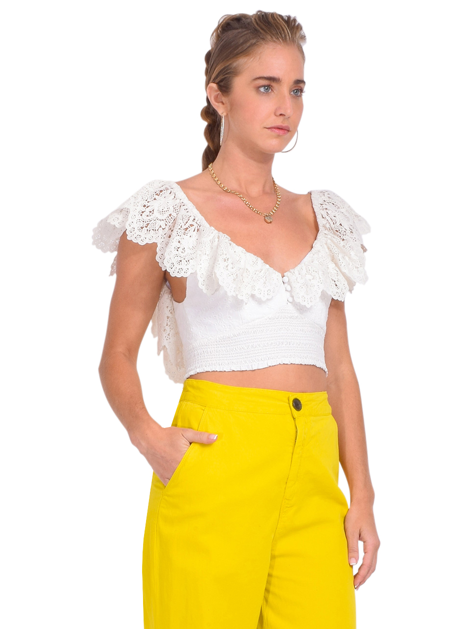 Alice + Olivia Bleeker Embroidered Smock Crop Top in White Side View 