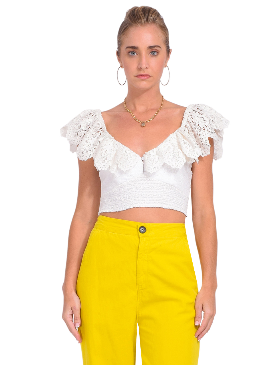 Alice + Olivia Bleeker Embroidered Smock Crop Top in White Front View 