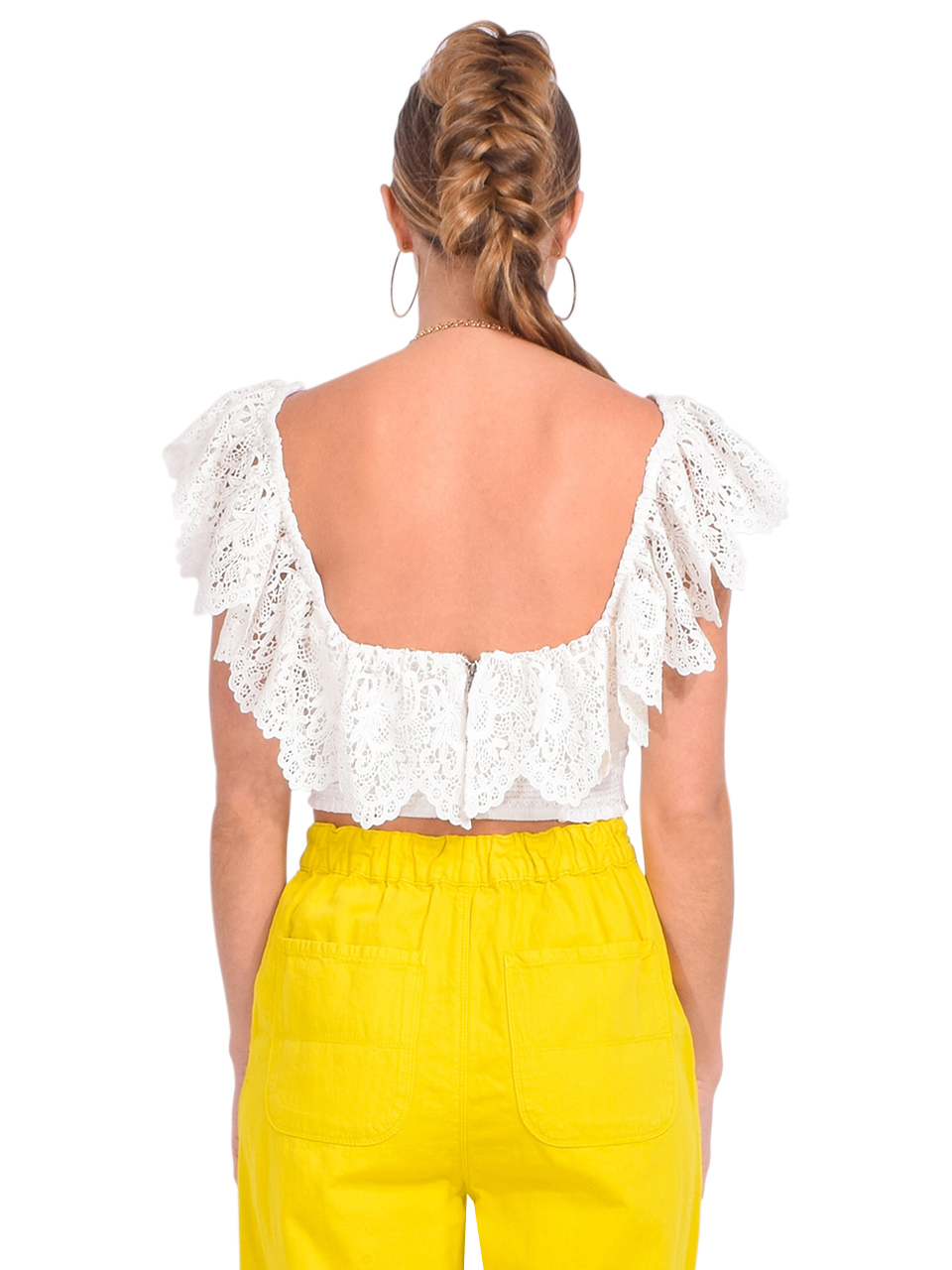 Alice + Olivia Bleeker Embroidered Smock Crop Top in White Back View 