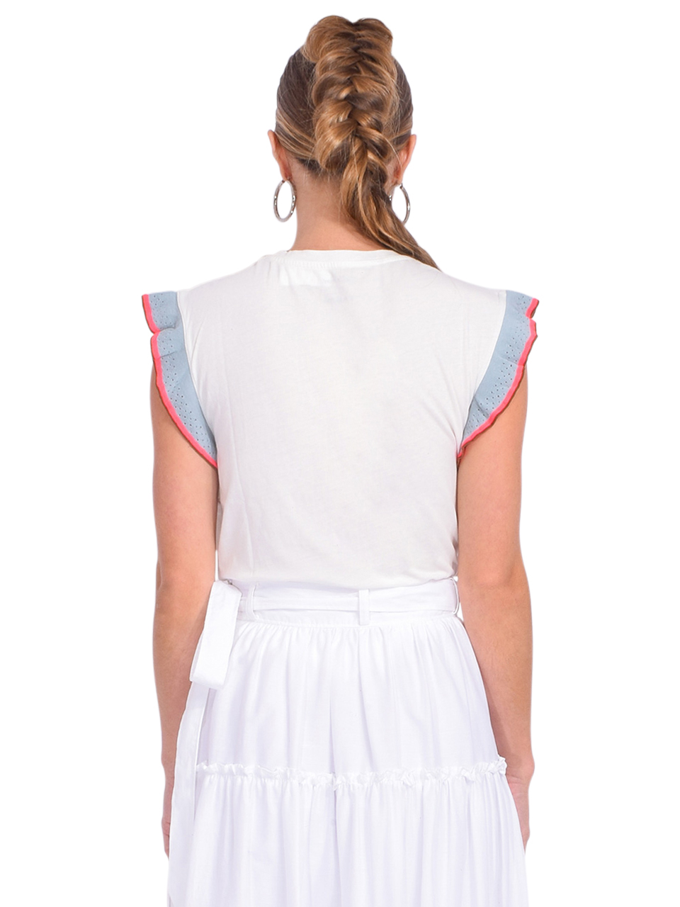 BELLEROSE Visam T-Shirt With Knit Sleeve in White Back View 