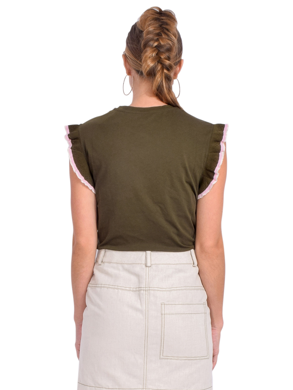 BELLEROSE Visam T-Shirt With Knit Sleeve in Army Back View 