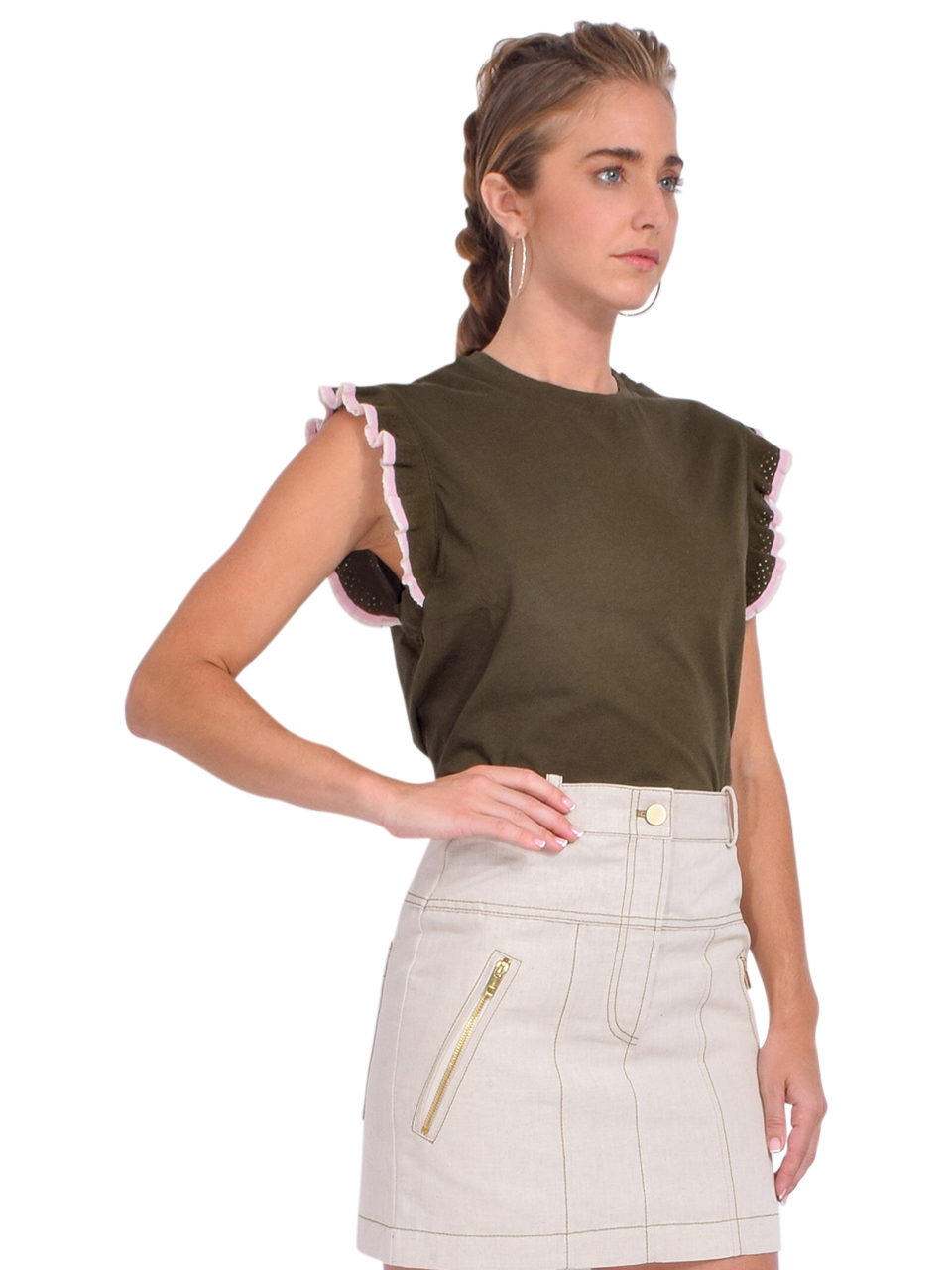 BELLEROSE Visam T-Shirt With Knit Sleeve in Army Side View 