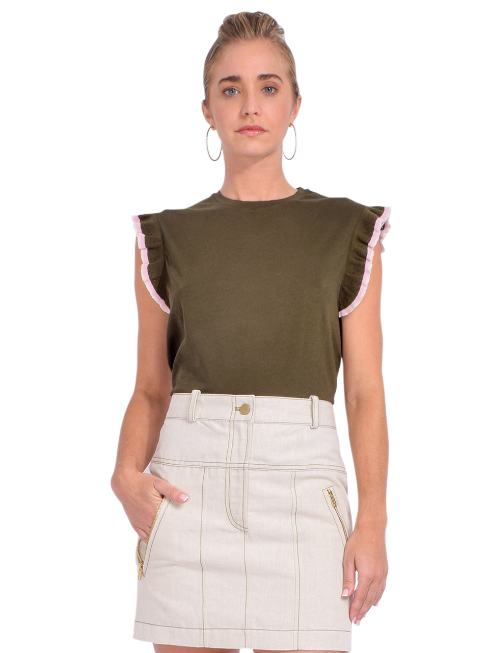 BELLEROSE Visam T-Shirt With Knit Sleeve in Army Front View 