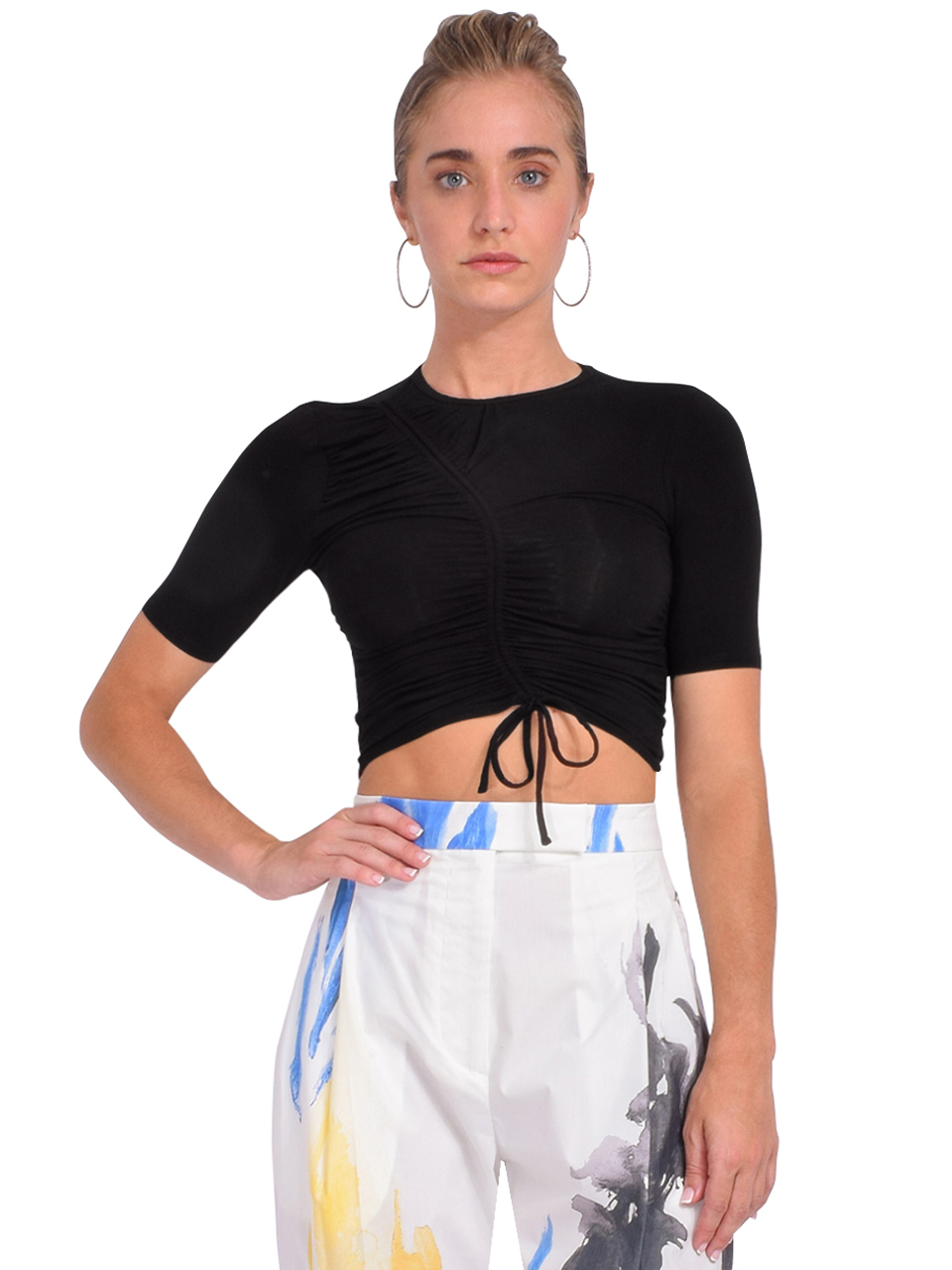 JONATHAN SIMKHAI Jesse Matte Jersey Ruched Top in Black Front View 