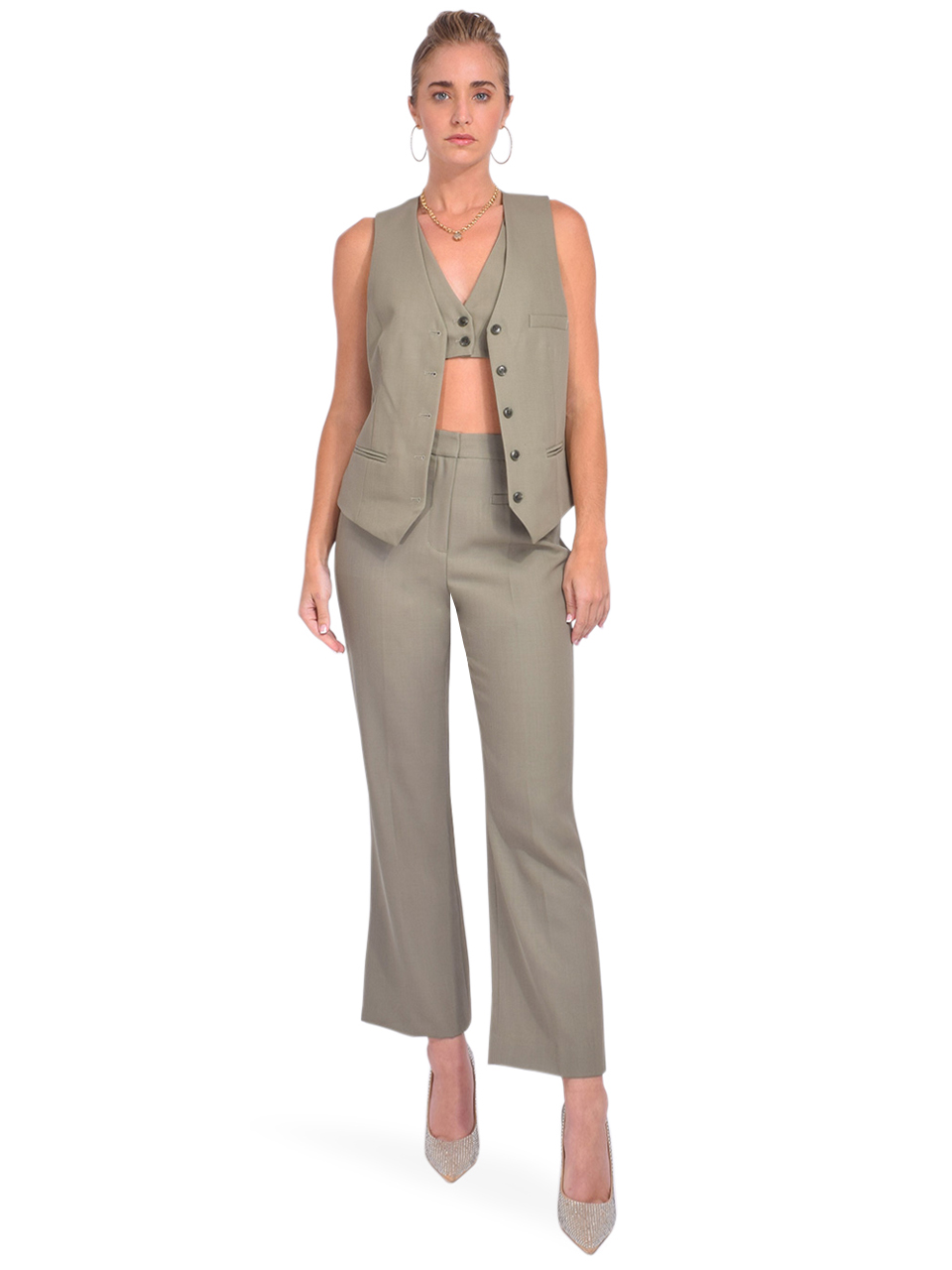 3.1 Phillip Lim Tailored Vest with Set in Bra in Thyme Full Outfit Unbuttoned 
