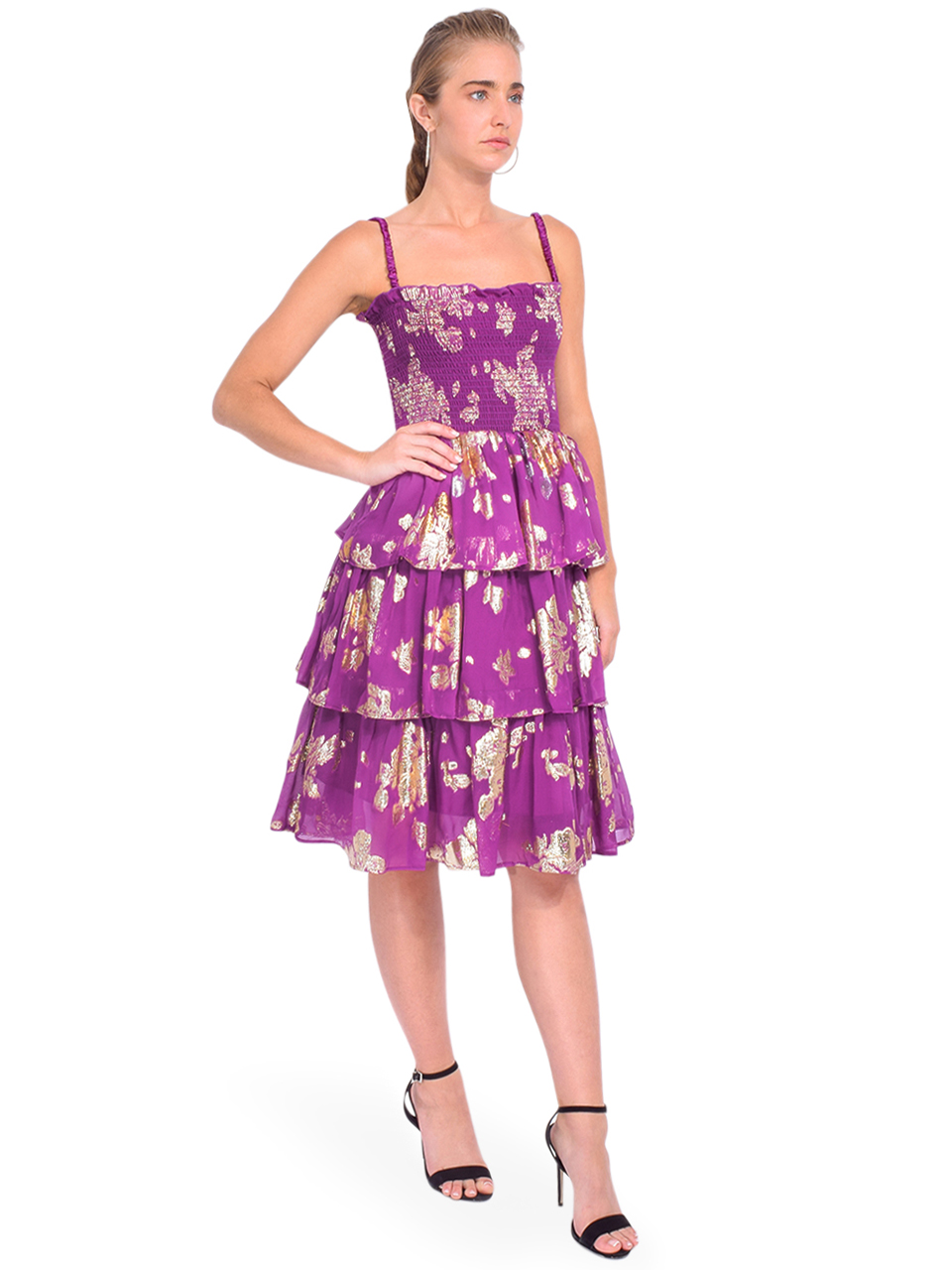 DELFI Martina Tiered Midi Dress in Purple Side View 
