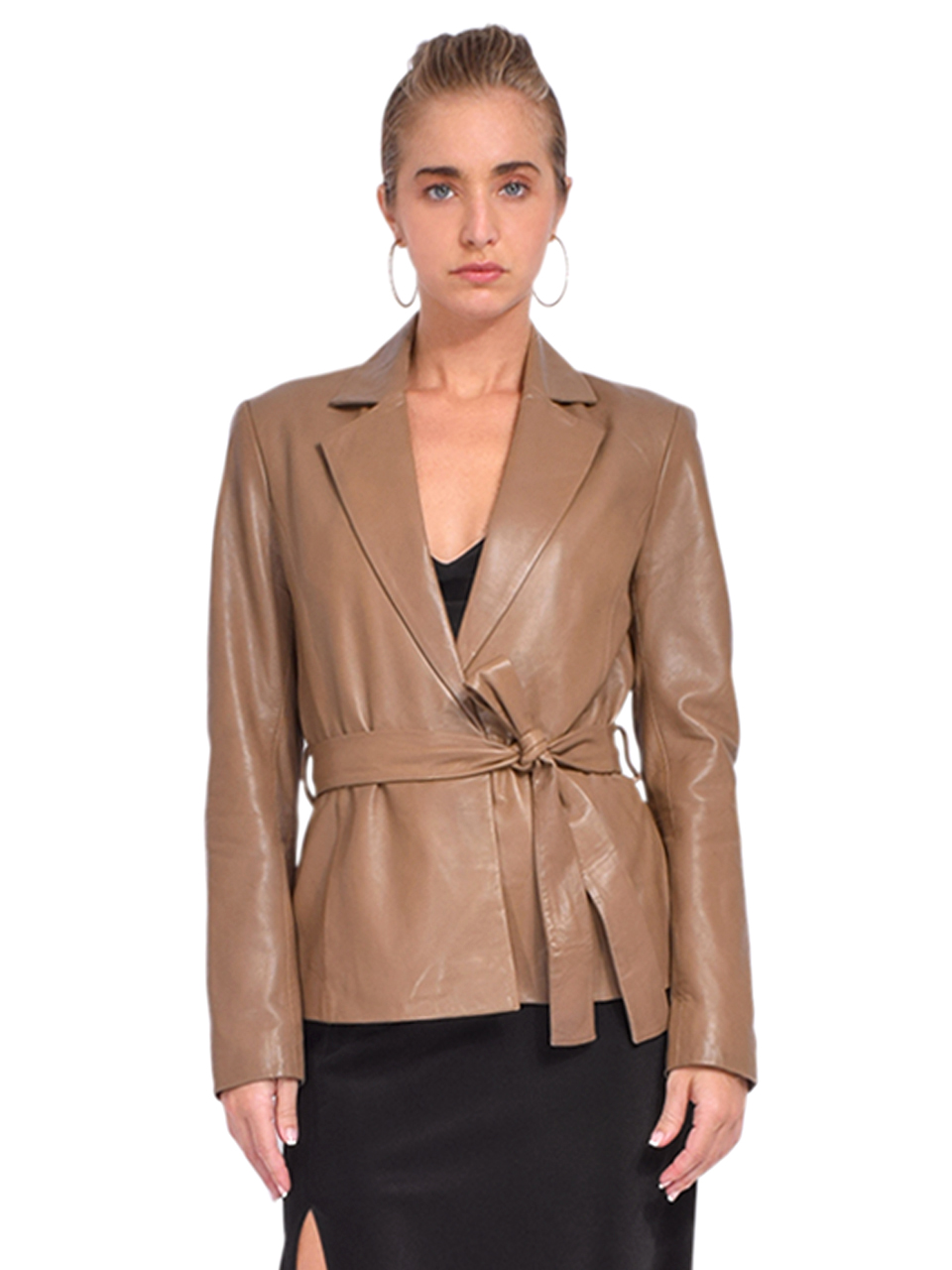 LA MARQUE Arseni Belted Leather Jacket in Sesame Front View 
