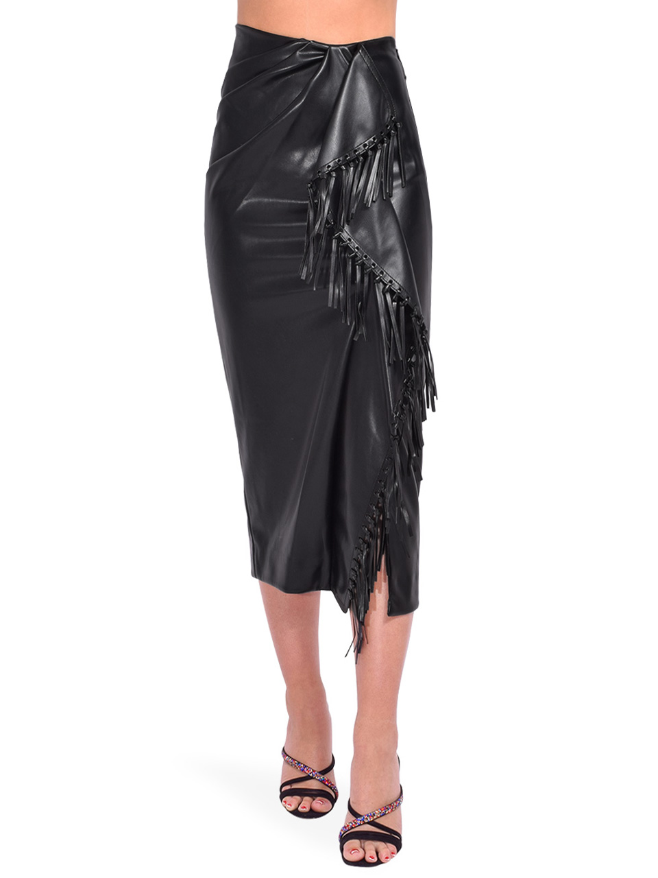 JONATHAN SIMKHAI Sabine Vegan Leather Fringe Wrap Skirt in Black