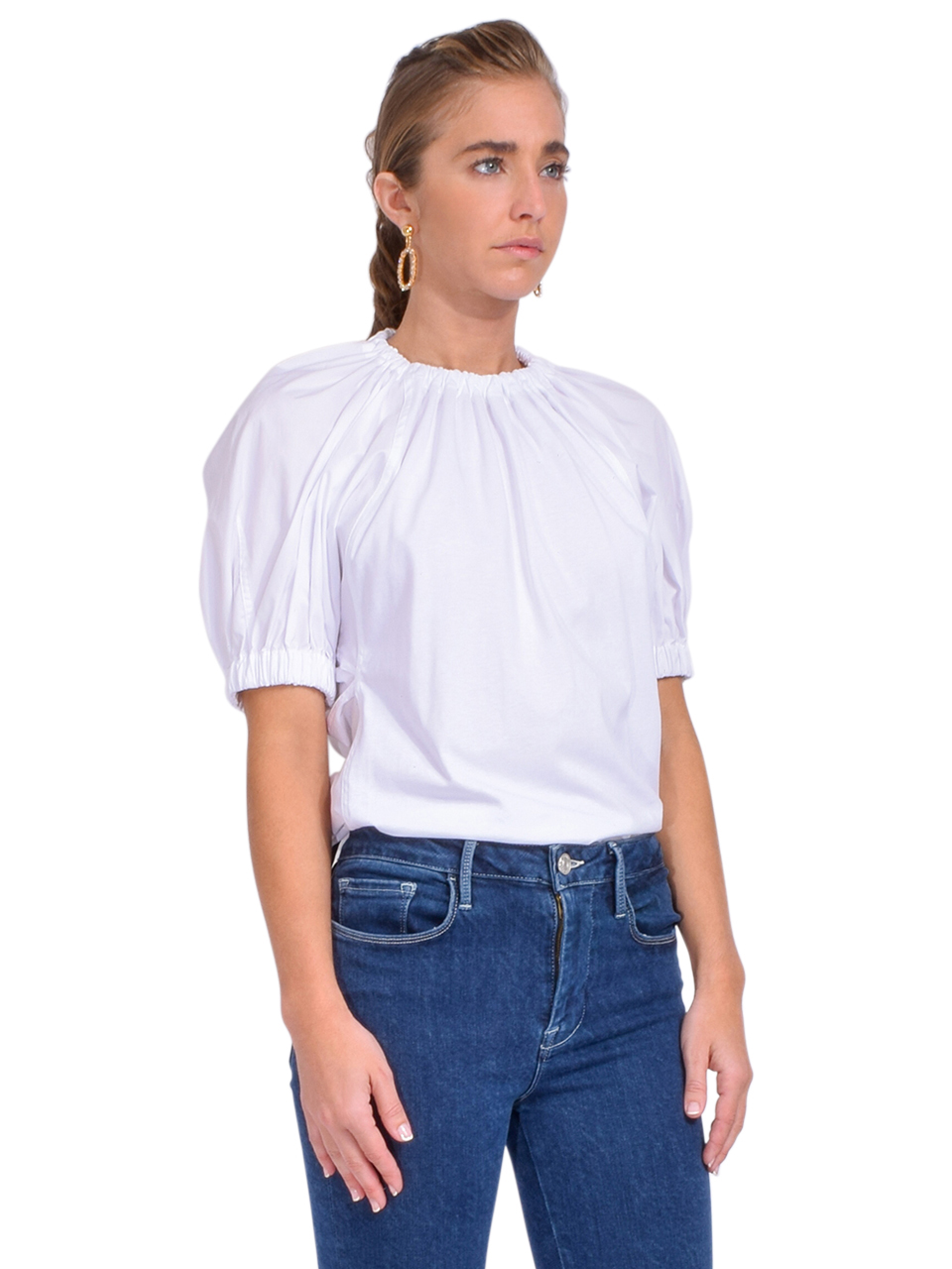 3.1 Phillip Lim Shirred Puff Sleeve Combo T-Shirt in White Side View 