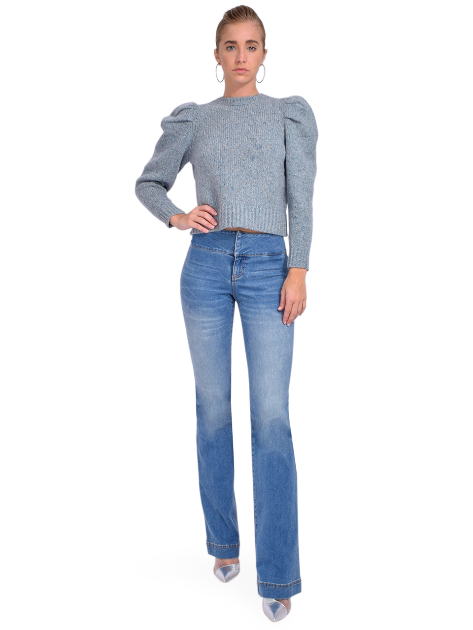 FRAME Pleated Sleeve Sweater in Chambray Blue Full Outfit 

