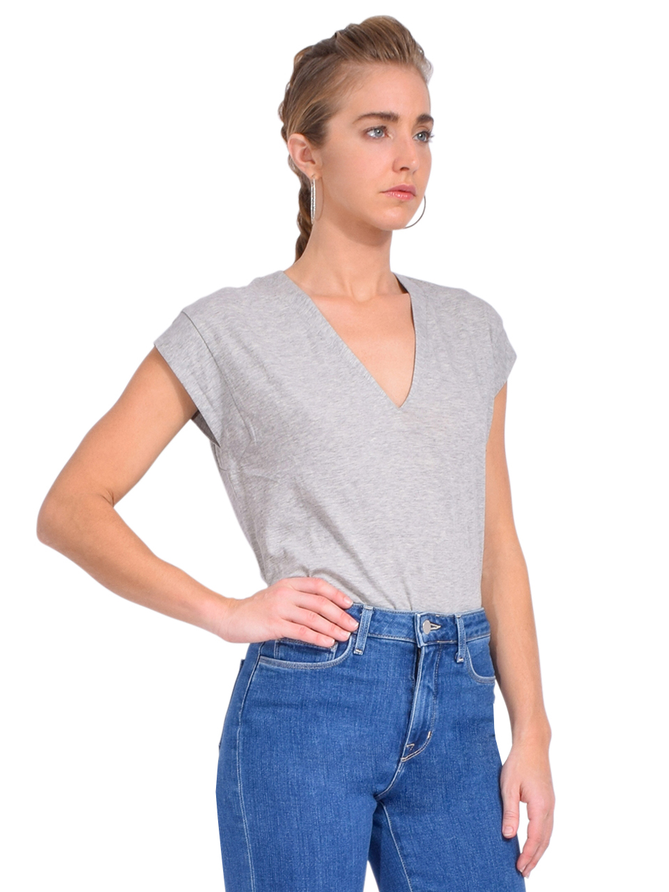FRAME Le Mid Rise V Neck Tee in Gris Heather Side View 