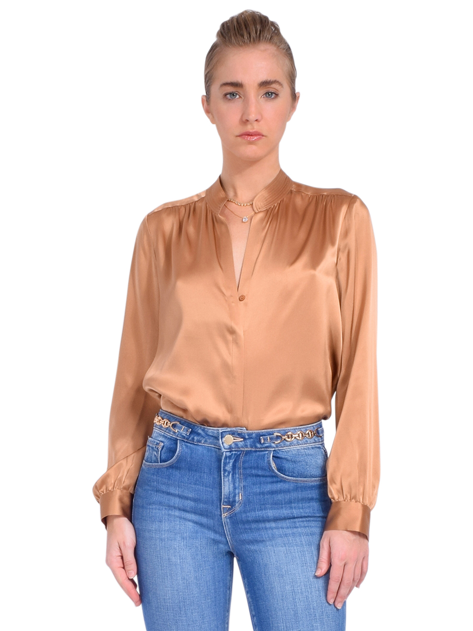 L'AGENCE Bianca Band Collar Blouse in Soft Tan Front View 