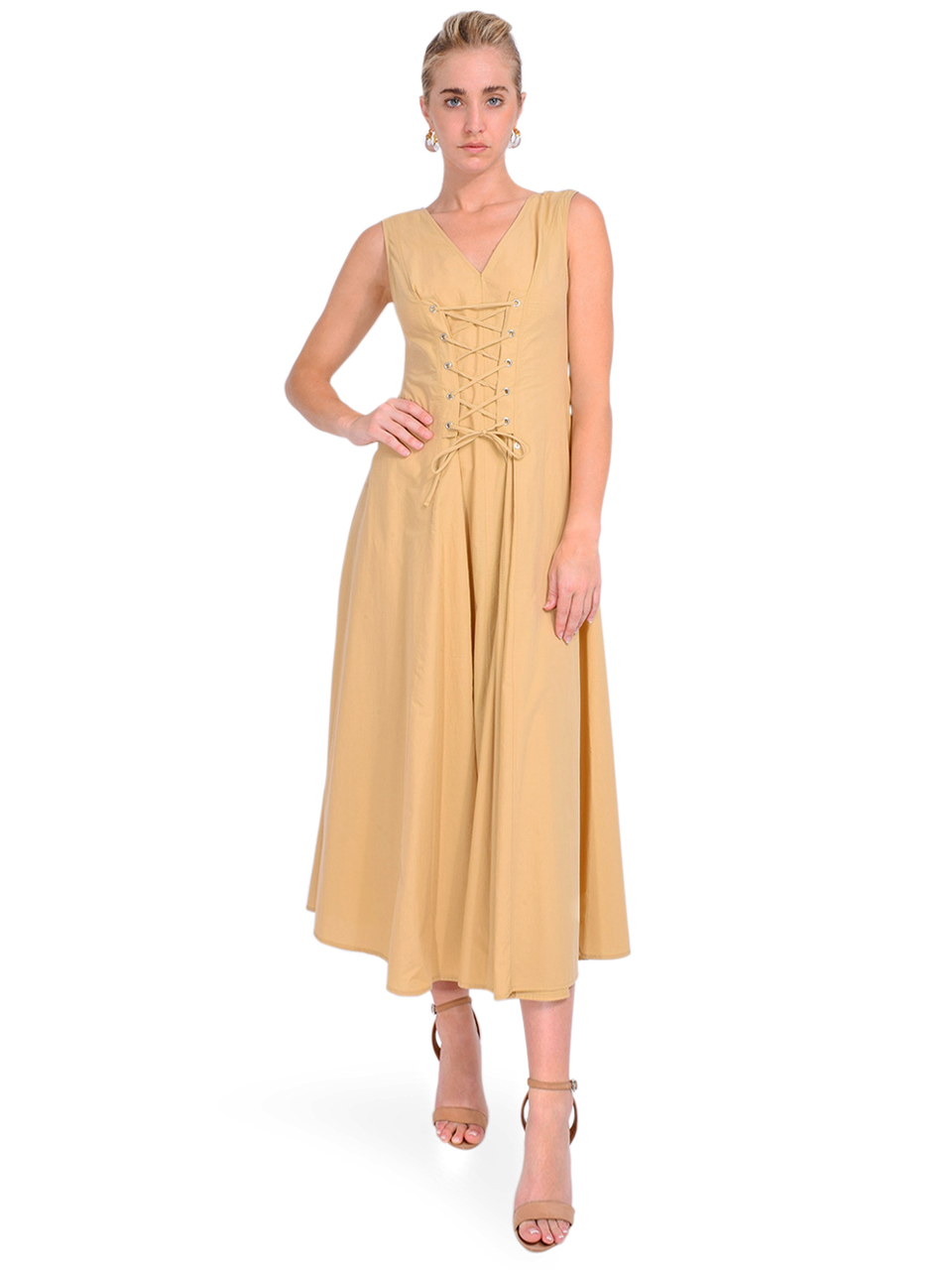 Ottod'Ame Lace Front Midi Dress in Tan Front View 
