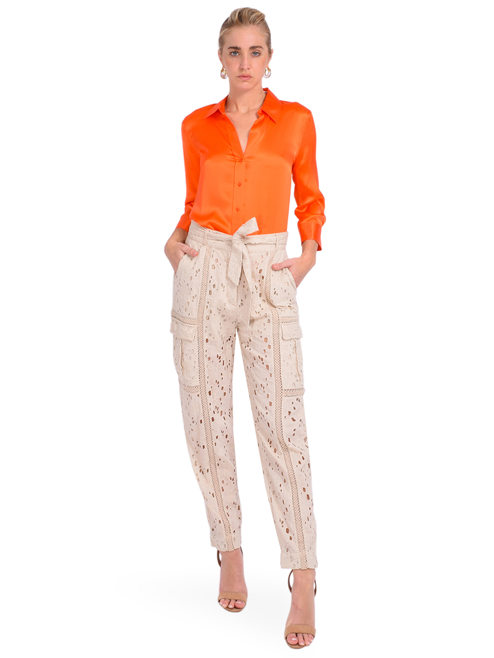 L'AGENCE Dani Button Front Blouse in Bright Orange Full Outfit 