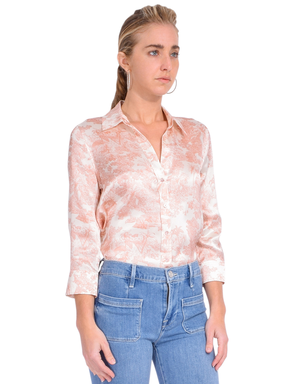 L'AGENCE Dani Button Front Blouse in Rose Tan Multi Side View 