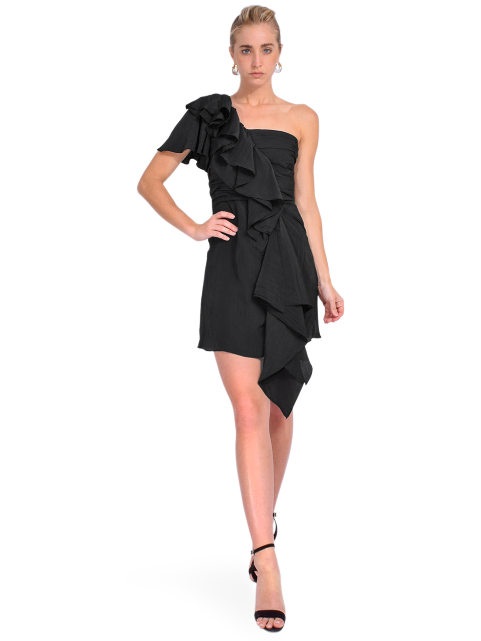 TANYA TAYLOR Irene Flutter Sleeve Dress in Black Front View 1