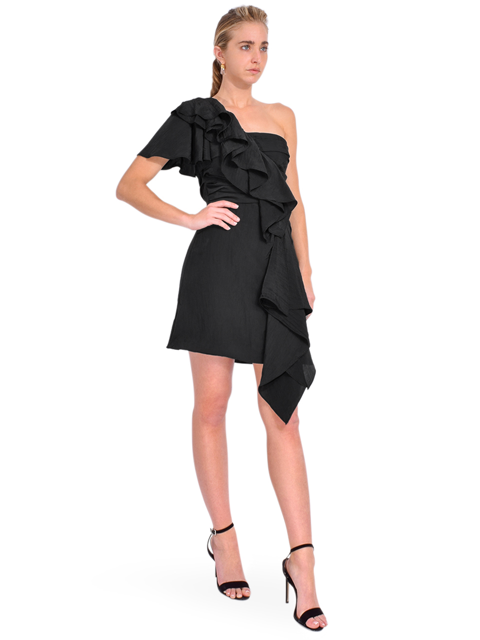 TANYA TAYLOR Irene Flutter Sleeve Dress in Black Side View 