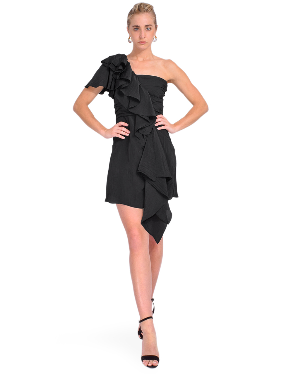 TANYA TAYLOR Irene Flutter Sleeve Dress in Black Front View 2