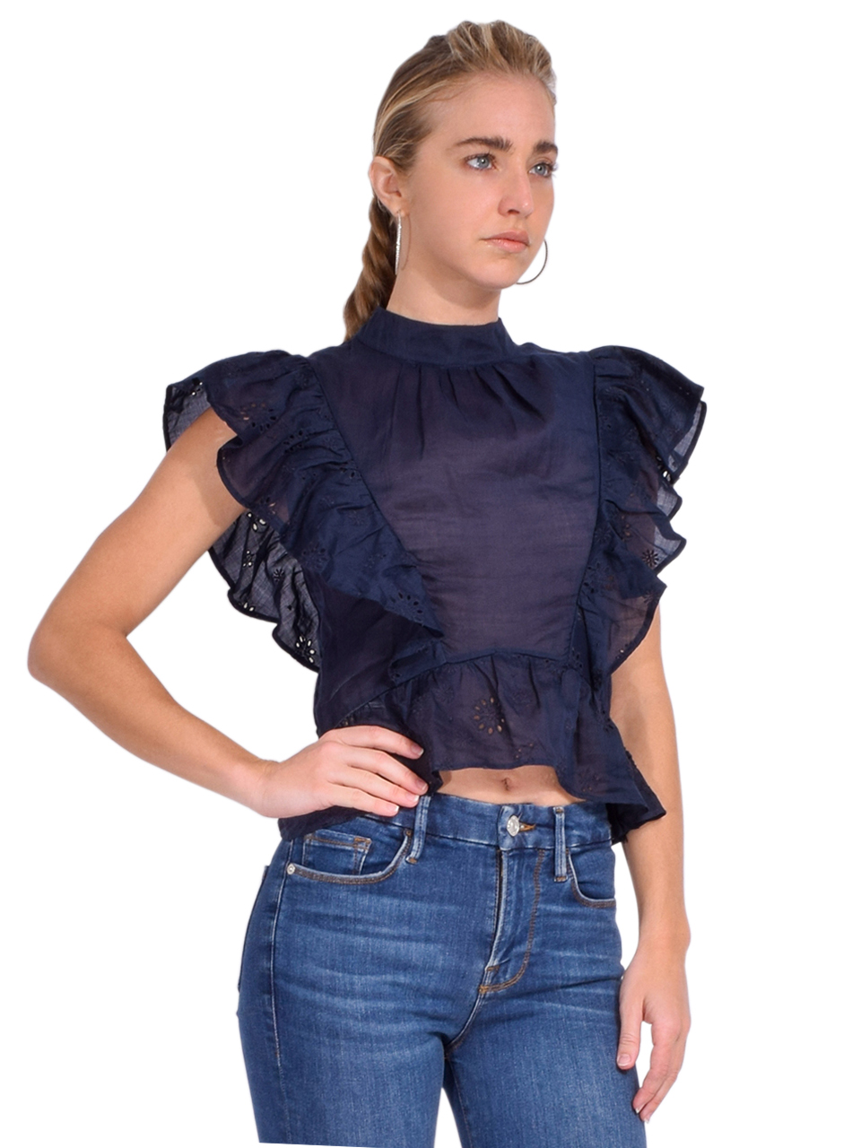 FRAME Eyelet Peplum Top in Navy Side View 