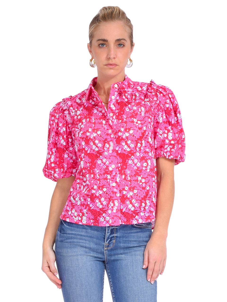 Derek Lam 10 Crosby Daria Balloon Sleeve Shirt in Pink/Red Front View 