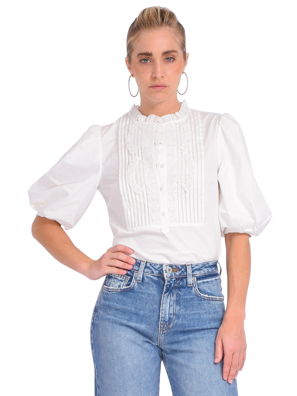 SELF-PORTRAIT Cotton Poplin Top in White Front View 

