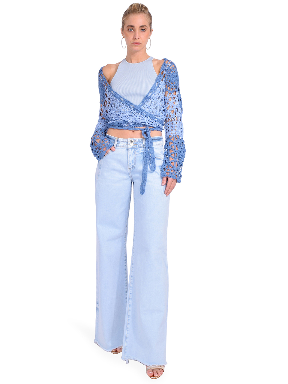 ALLISON Crochet Wrap Top in Blue Multi Full Outfit 