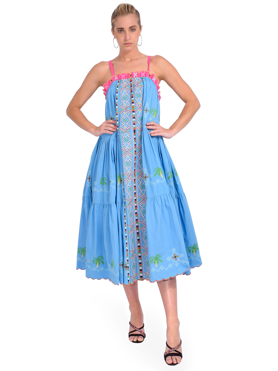 RUE DE LA LUNE Hortensia Embroidered Dress in Blue Front View 2
